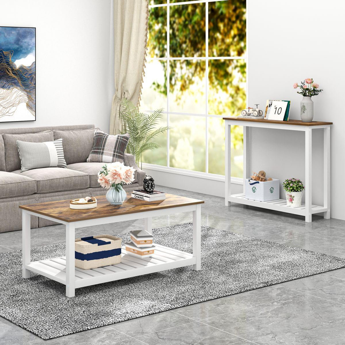 Modern Coffee Table with Storage Shelf, Farmhouse Rectangle Living Room Center Table for Small Spaces, 39.4 inch White Lark Manor, image size:1200x1200