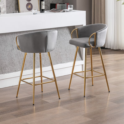Ensemble de 2 tabourets de bar, 30 po, velours + pieds dorés, repose-pieds chromé, gris | Idée de cadeau