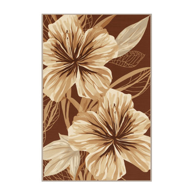 Machine Washable Oyan Hibiscus Tropical Floral Rug in Brown – Beige Binding