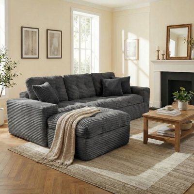 Modular Cloud Sofa Set, 105" DIY Sectional with Ottoman, Pure Foam, Faux Rabbit Fur Velvet, Comfortable Living Room Couch Blue Gray