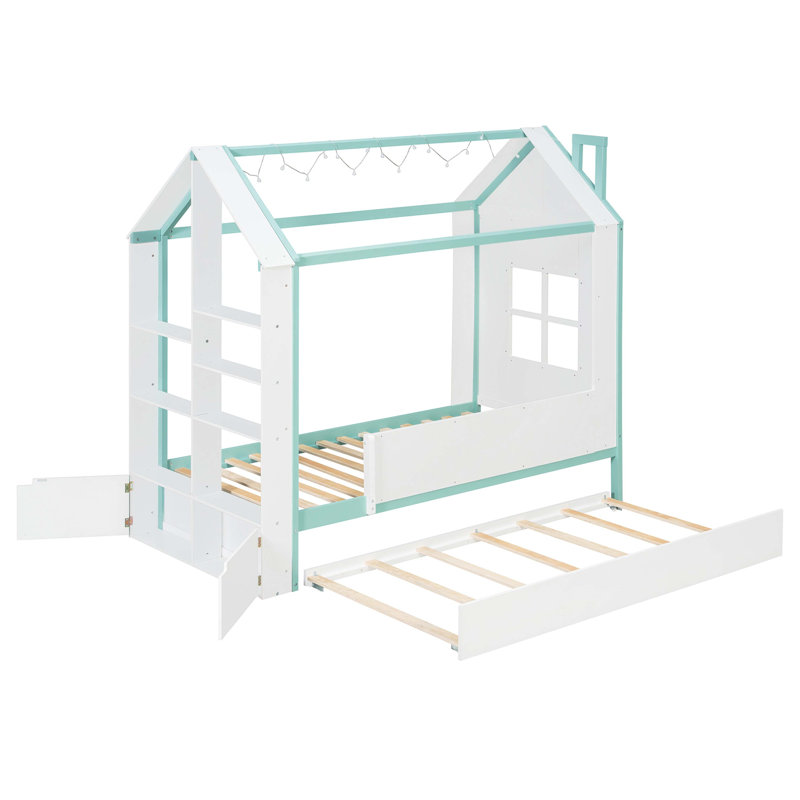 Structure de lit House avec lit gigogne escamotable, tablettes de rangement à queue et lumières DEL blanc froid, Lit simple