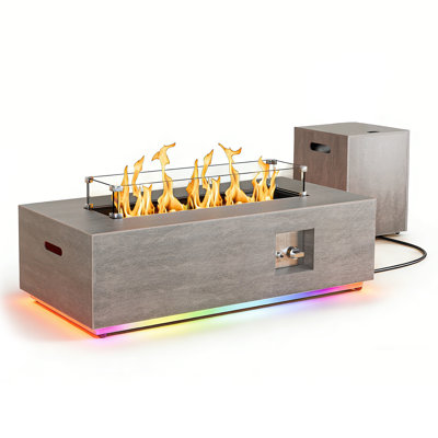 42" Rectangular Propane Fire Pit Table LED Gas Firepit Table Outside Patio Deck Garden Backyard with Colorful LED Light Strip, 50,000 BTU Burner and Tank Storage, Light Brown