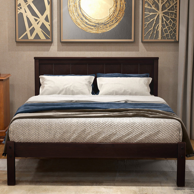 Base de lit plateforme avec tête de lit, support à lattes de bois, aucun sommier requis, Espresso, Grand lit