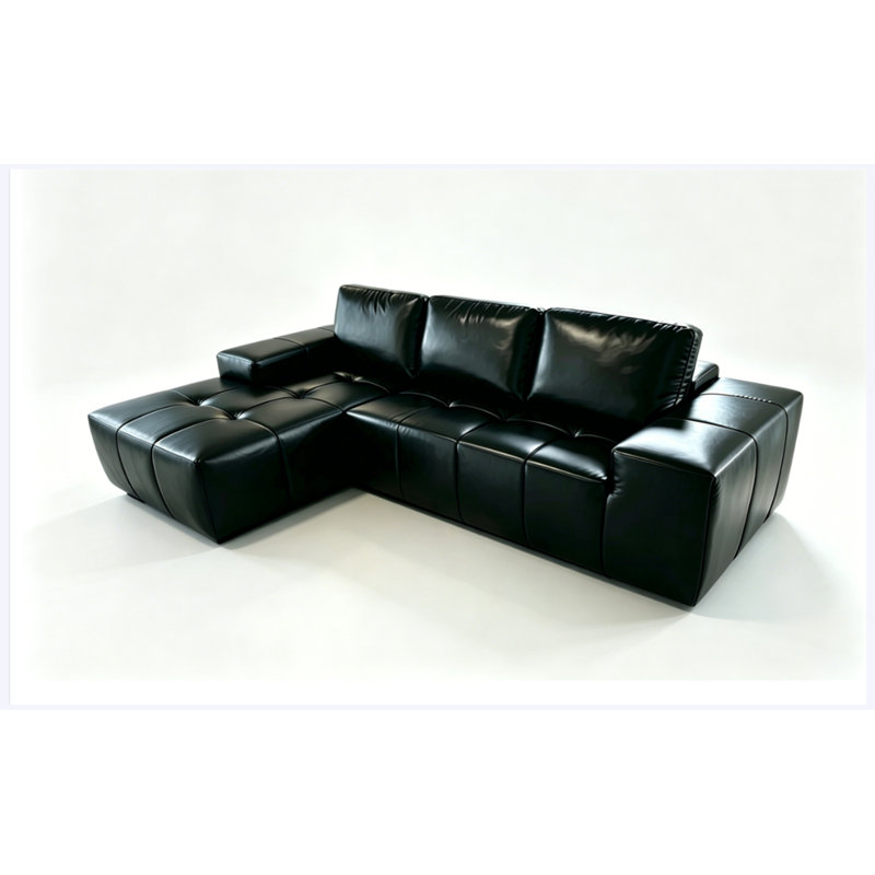 Canapé d'angle modulaire Cloud en similicuir noir, orientation gauche, avec méridienne et assise profonde.