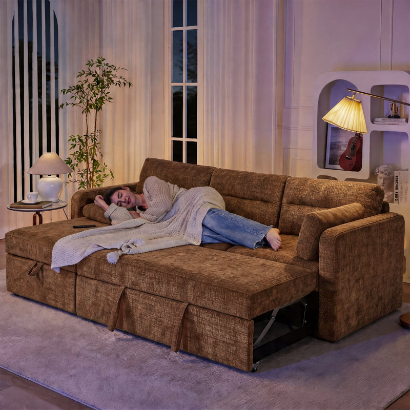 91''W Chenille Convertible L-Shaped Sectional Sofa Bed With Storage Two Pillows, Camel Chenille