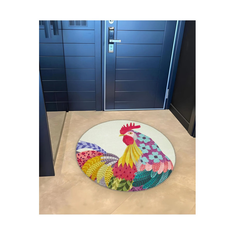Multicolored Patterned Rooster Detailed Woven Base Modern Decorative Carpet, Round 3'4"