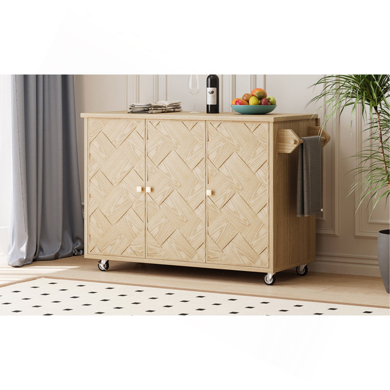 Îlot de cuisine polyvalent en bois massif tissé à la main avec abattant et caractéristiques élégantes, Brun