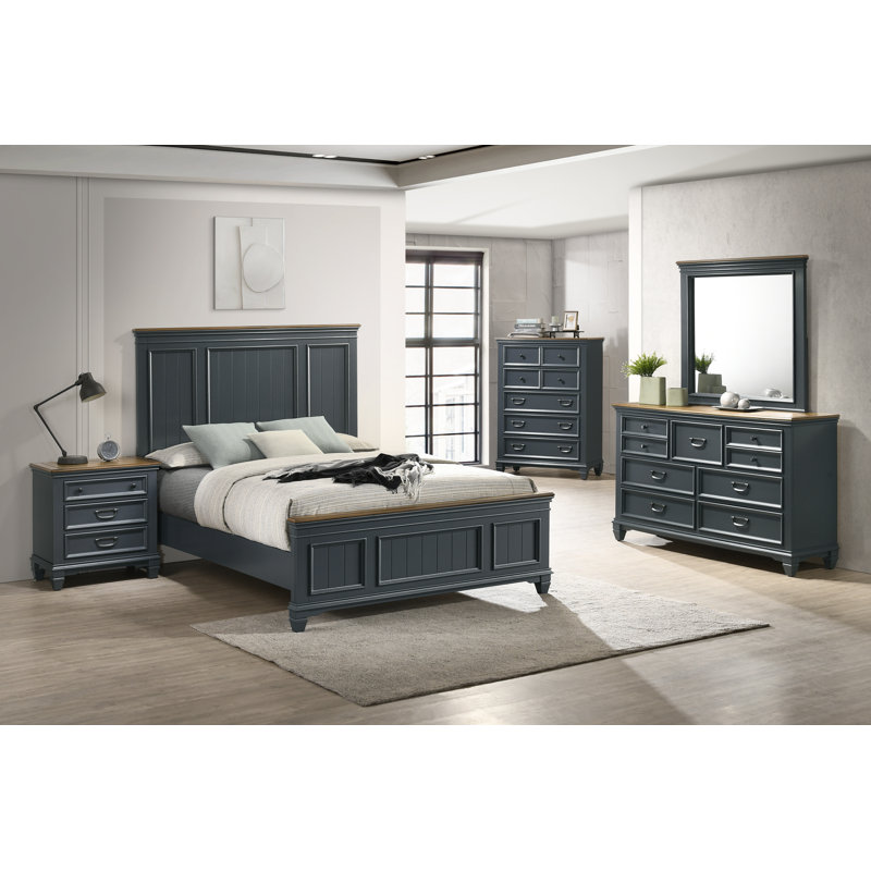 Ensemble de chambre à coucher en bois Semaj avec panneau Shiplap, Bleu, Grand