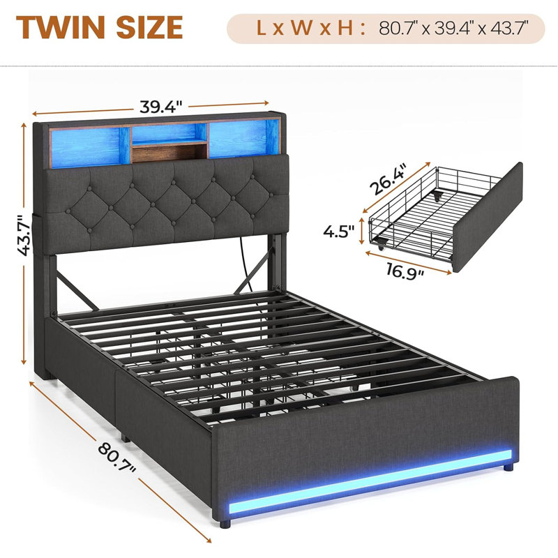 Lit plateforme tapissier avec rangement, Lit simple, Noir