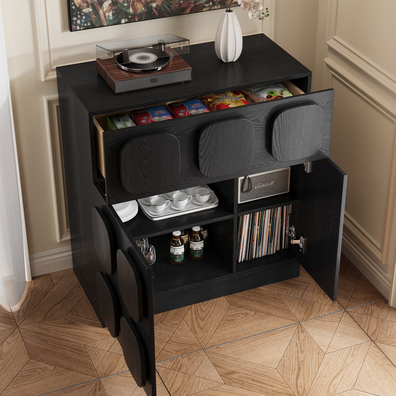 31.5"W X 34.3"H Modern Brown Wood Sideboard With Drawers And Cabinets, Black