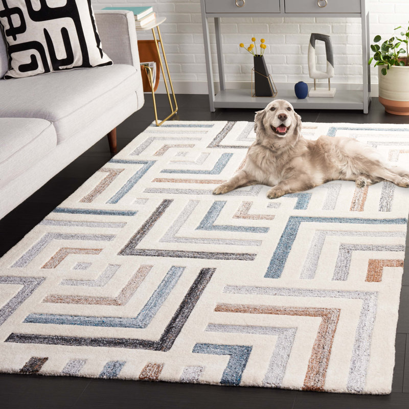 Tapis gris / ivoire en laine / coton touffeté à la main Alekto, Rectangle 6 po x 9 po