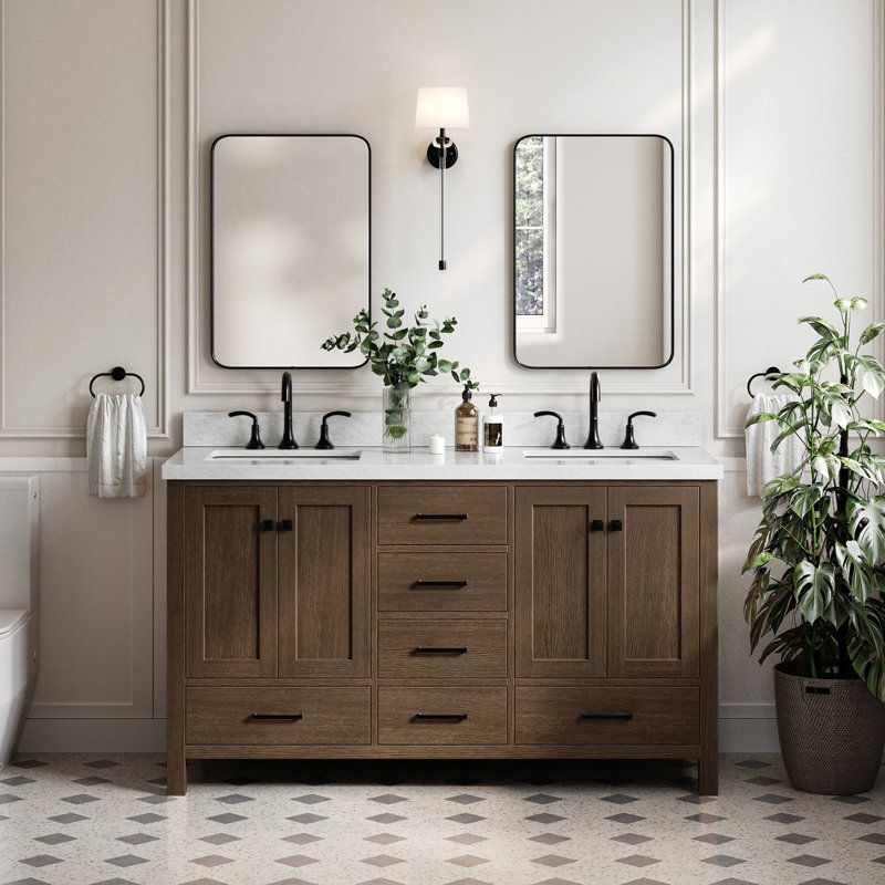 Grevera 61" Double Bathroom Vanity Set, Brown Oak / Matte Black, Rectangular