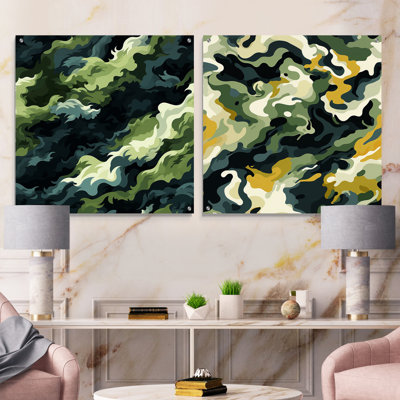 Urban Green Camouflage  Wilderness - Abstract Acrylic Wall Art Glass Set Of 2