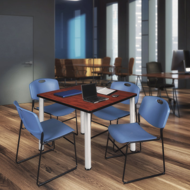Kee Square Breakroom Table Top, 4 Zeng Stack Chairs, Chrome, Cherry, 29" H x 42" W x 42" D