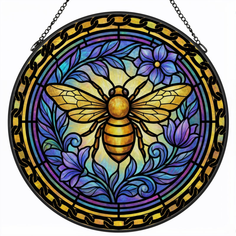 12"H Bee Floral Stained Glass Window Panel, 12" H x 12" W
