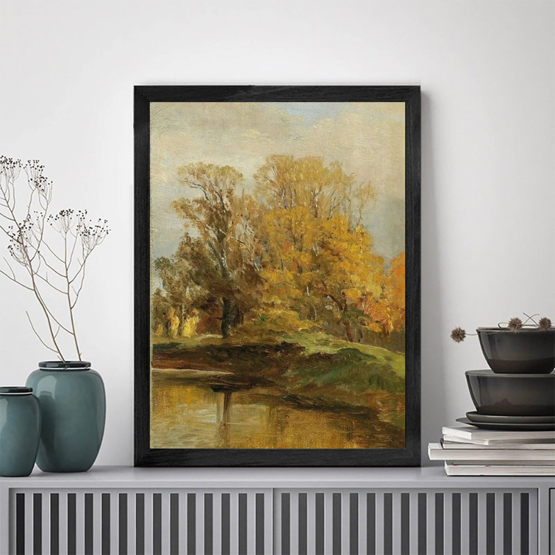 Reproduction d'art mural de qualité supérieure avec cadre en bois noir, fond d'arbres de rivière, image encadrée pour décoration murale, cadre en bois noir massif inclus