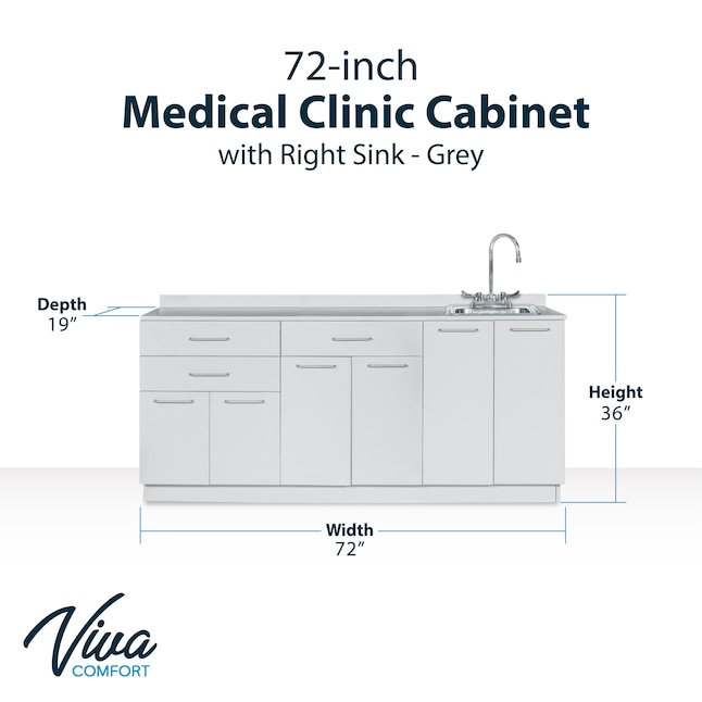 Armoire médicale pour salle d'examen (93,3 cm H x 182,9 cm L) avec lavabo à droite, 6 portes, 4 étagères réglables et 3 tiroirs.