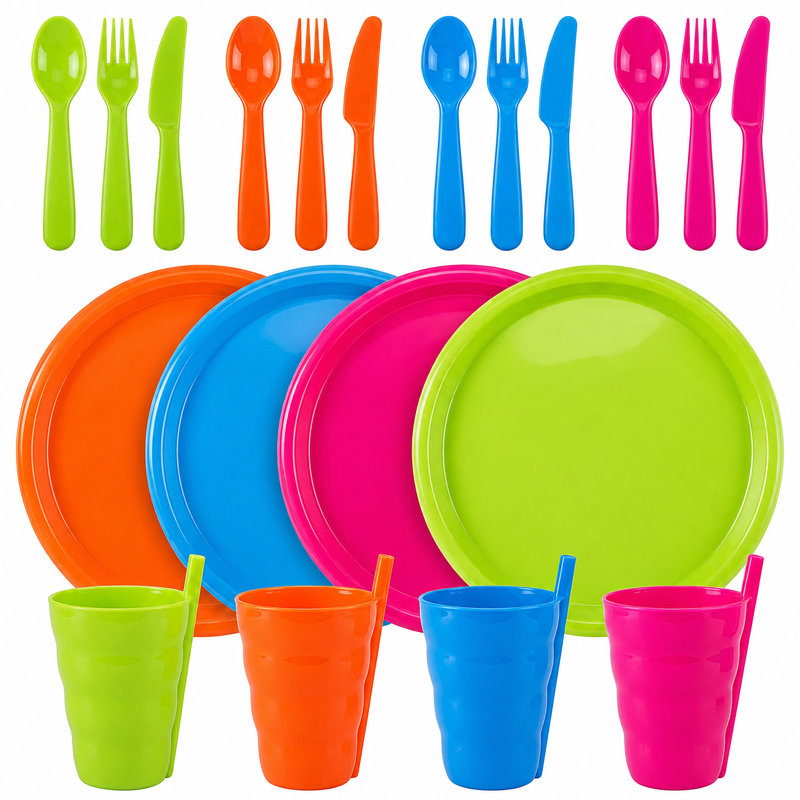  20-pc Reusable Plastic Dinnerware Set for 4 – Microwavable & Dishwasher Safe Assorted Colour Plates, Cups, and Cutlery for Party, Picnic, Camping, Outdoor Gathering & Everyday Dining