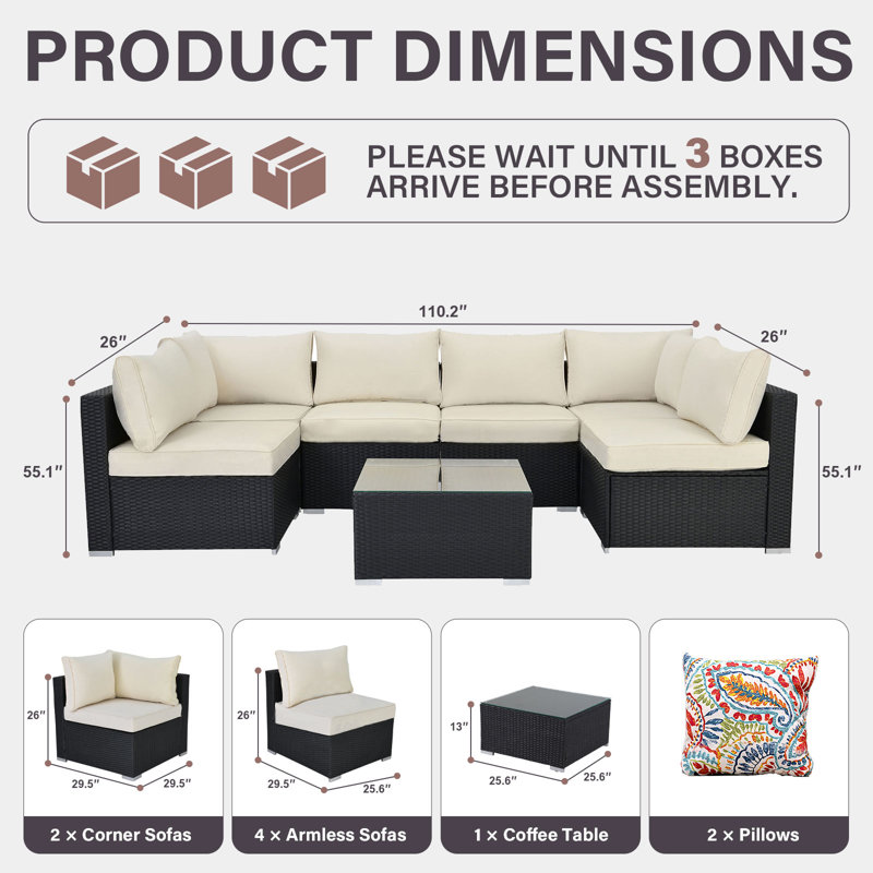 Ensemble de canapé d'extérieur 7 pièces en rotin / osier beige, Coussin beige / structure brune