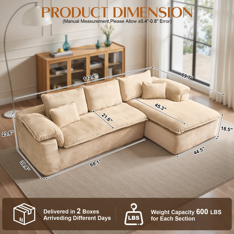 Canapé modulaire en L de 112 po avec méridienne réversible, Velours côtelé beige, Face à la droite