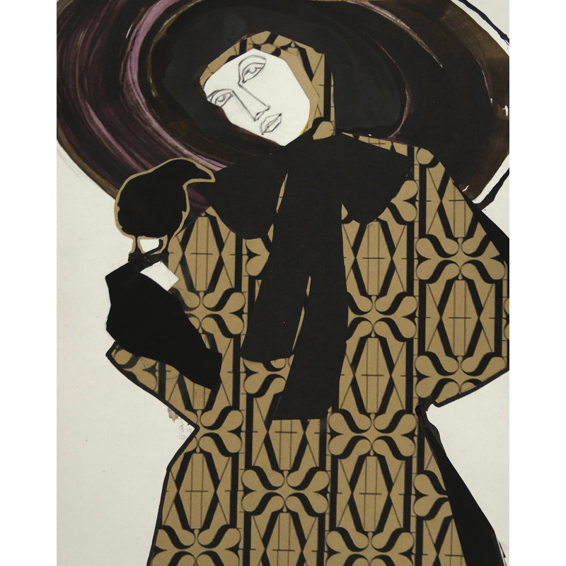 Femme avec oiseau, H 21,75 po x l 17,75 po
