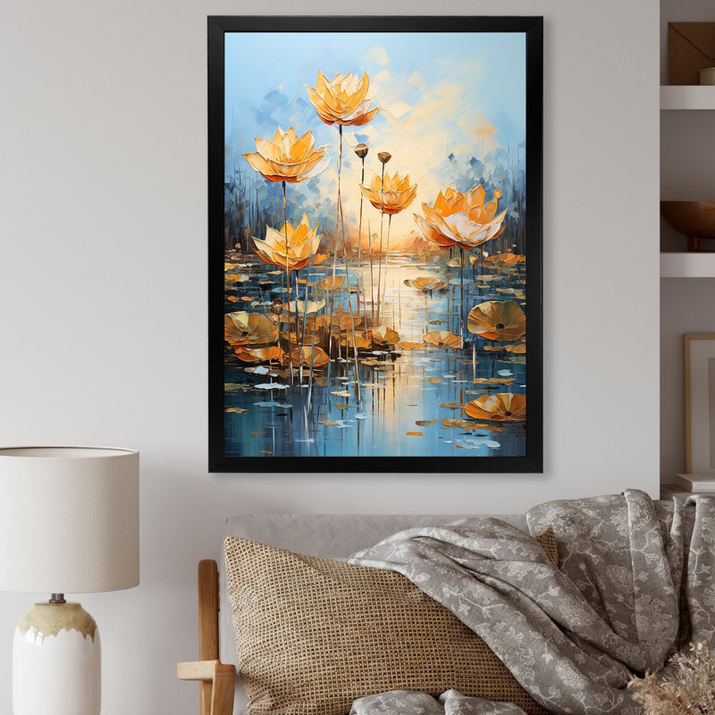 Golden Pond Lotus Tranquility sur toile, Cadre simple noir, H 32 po x l 16 po x P 1 po