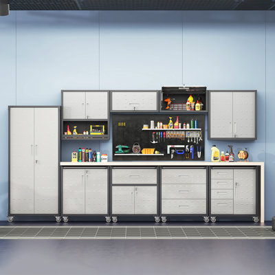 Système d'armoires de rangement en acier 10 pièces | Ensemble complet d'organisation pour atelier avec armoires à outils roulantes et unités murales verrouillables | Rangement de garage réglable