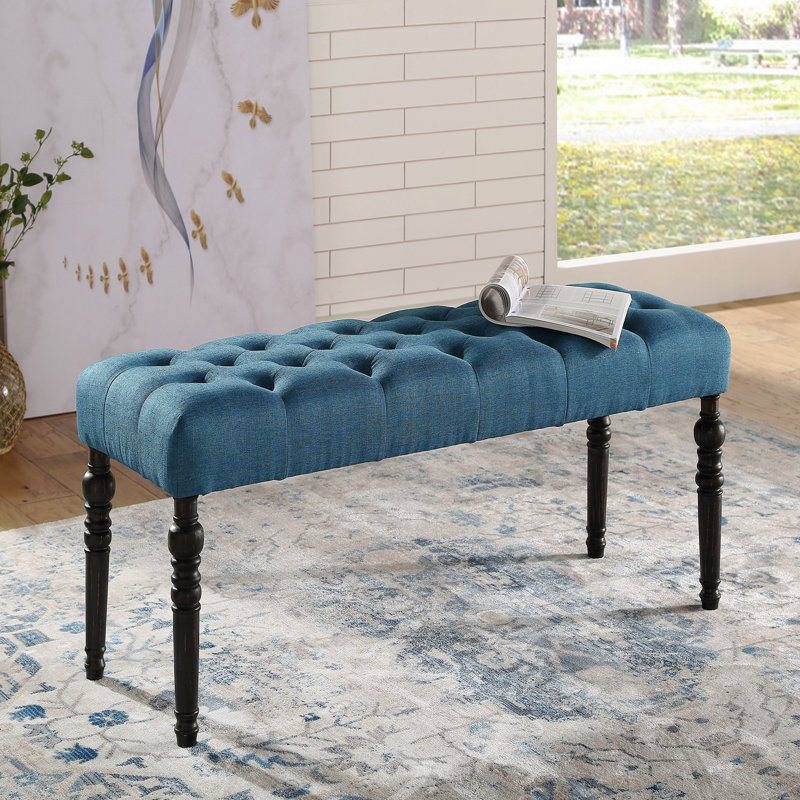 Fabric Tufted Turned Leg  Dining Bench, Blue