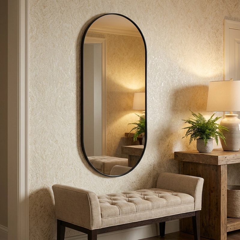 Stainless Steel Frame Oval Wall Mirror, Brushed Black