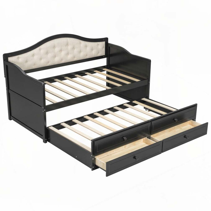 Daybed with Trundle,2 Storage Drawers，Wooden Sofa Bed with Upholstered Button Tufted Backrest, Black