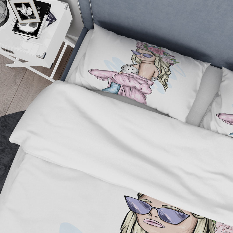 Jeune femme élégante avec lunettes de soleil I - ensemble de housse de couette moderne - microfibre de polyester