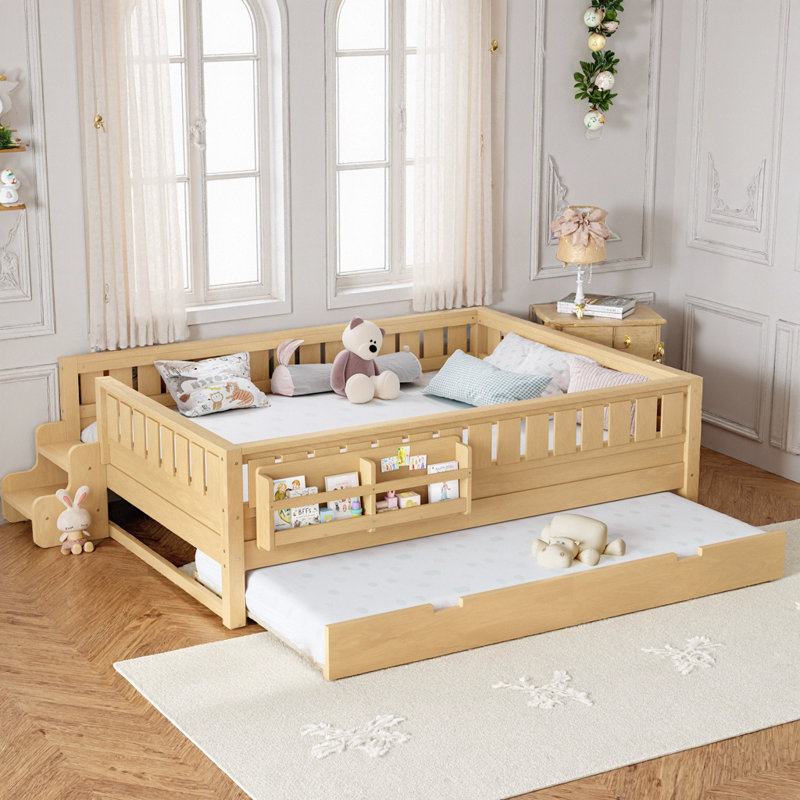 Playful Kids Twin/Full/Queen Bed with Built-in Bookshelf, Safety Stairs & Hidden Trundle for Space-Saving Fun, Queen