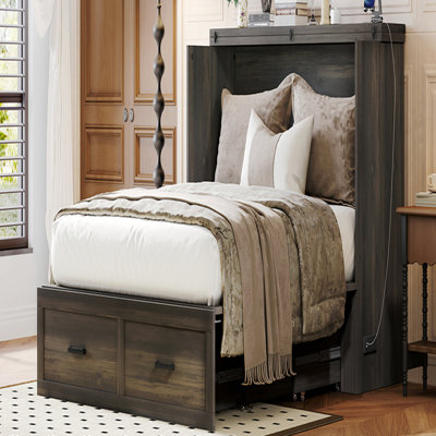 Lit ferme Farmhouse avec station de charge, lit plateforme pliable avec grand tiroir de rangement pour chambre d'amis, petite chambre