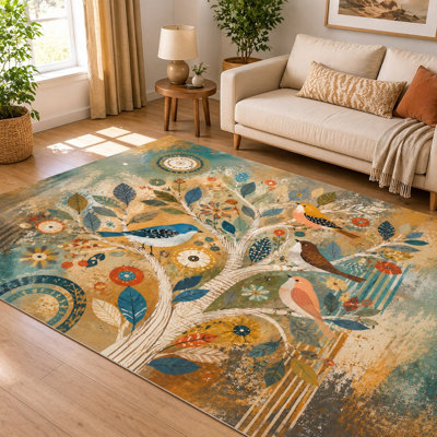 1 tapis artistique à motif d'arbre à oiseaux - vibrant, inspiré de la nature, tapis décoratif, lavable, facile d'entretien, grand espace avec envers antidérapant pour le salon, la chambre à coucher, la cuisine et le bureau à l'intérieur pour la maison