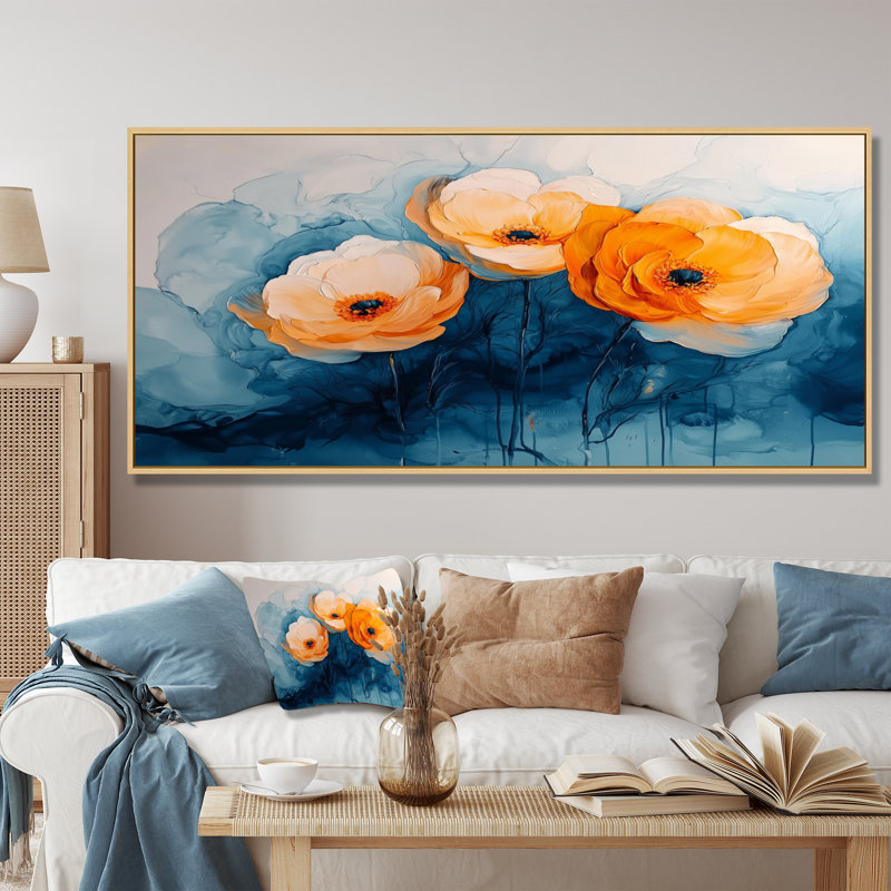Aquarelle de fleurs de renoncule, rivière IV - art mural Renoncule, H 28 po x l 60 po, Floater Framed, Noir, noir, noir, noir