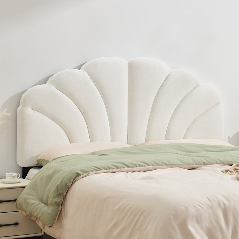 Tête de lit tapissier en forme de fleur avec hauteur et largeur réglables, Velours blanc, Double / grand