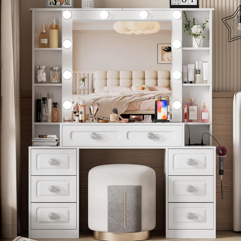 Bureau de coiffeuse avec miroir et lumières, coiffeuse avec miroir éclairé et station de charge, commode de coiffeuse