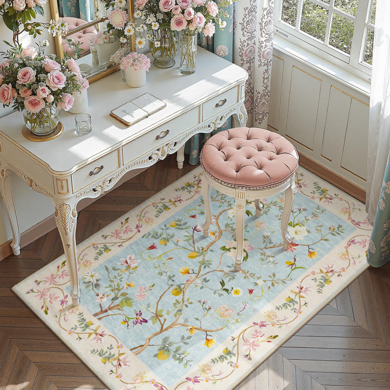 Chinoiserie Vintage Floral Rug Washable Non-slip, Rectangle 3' x 5', Blue/Pink