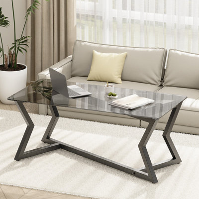 Modern Glass Coffee Table with Metal Crossed Legs, Adjustable Feet for Living Room