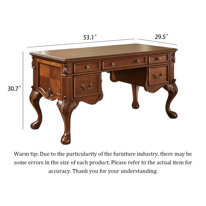 Bureau de direction traditionnel en bois massif avec pieds sculptés en cabriole, H 30,71 po x l 53,15 po x P 29,53 po