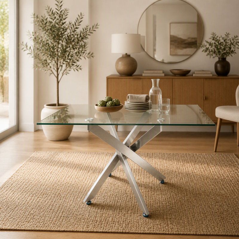 Table rectangulaire moderne en verre trempé de 120 cm (47,24 po), Transparent / Argent