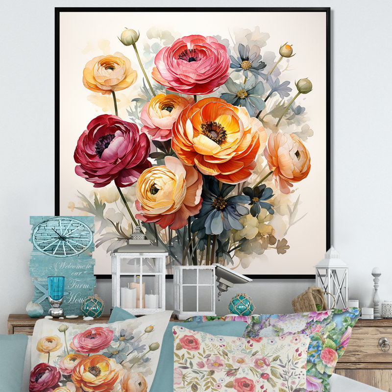 «Colorful Ranunculus Elegance II», art mural Renoncule, H 16 po x l 16 po x P 1 po, Cadre flottant noir