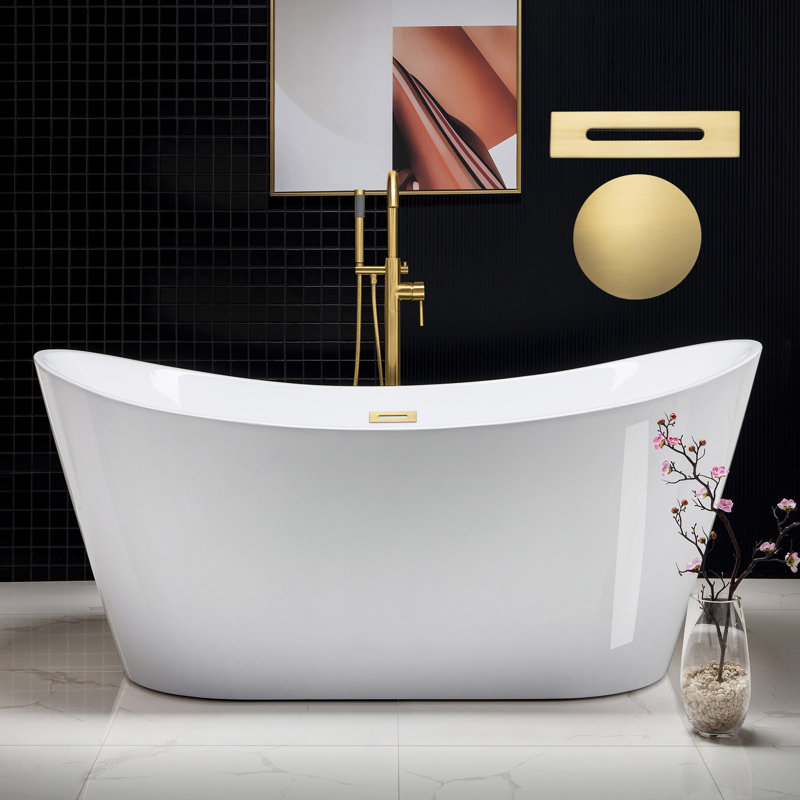 67'' x 32'' Freestanding Soaking Acrylic Bathtub, Brushed Gold, White