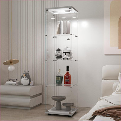 Cabinets, Off-White Tempered Glass &amp; Particle Board Display Cabinet with Battery-Powered LED Lights, Locking Casters, 64.7"H x 15.7"L x 13.6"W | Minimalist | Living Room