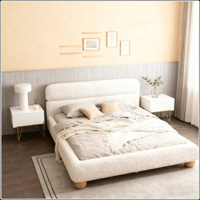 Contemporary Low Profile Upholstered Bed with Teddy Fleece Fabric and Solid Round Legs, Stylish Curve-Shaped Design for Bedroom, Queen Size