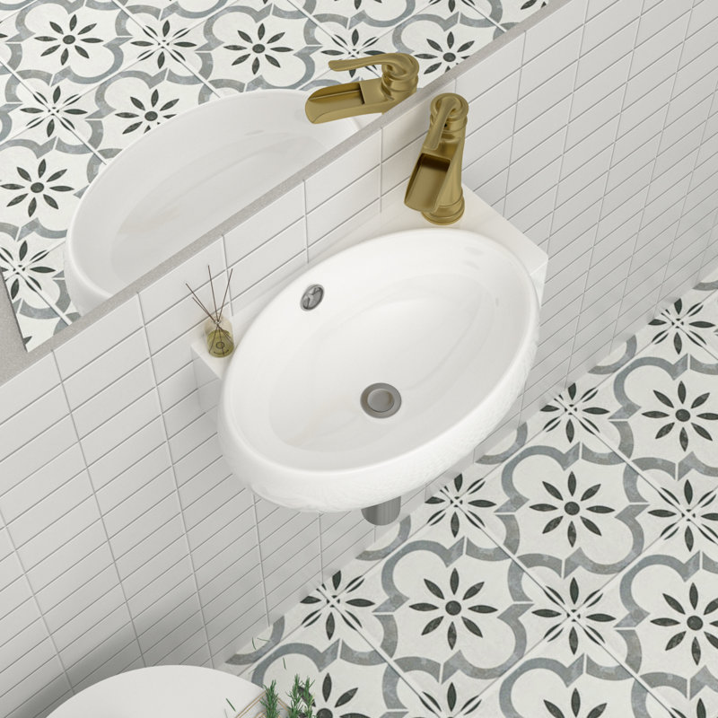 Lavabo de salle de bain mural encastré en céramique, H 4,9 po x L 16,5 po x l 11 po, Oui, Ovale