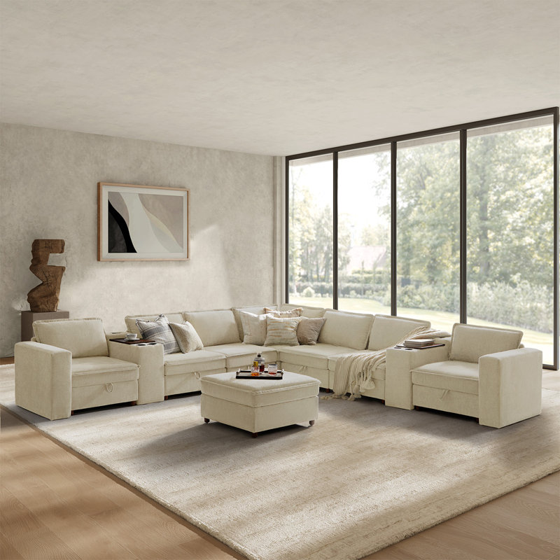 Bessette 144“ Modern Storage Sectional Sofa With Charging Station And Middle Storage Compartment, Beige Polyester