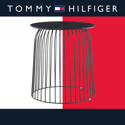 Tommy Hilfiger Wallace Geometric Accent Side Table with Black Metal Cage Design, Luxe Nightstand for Living Room, Black