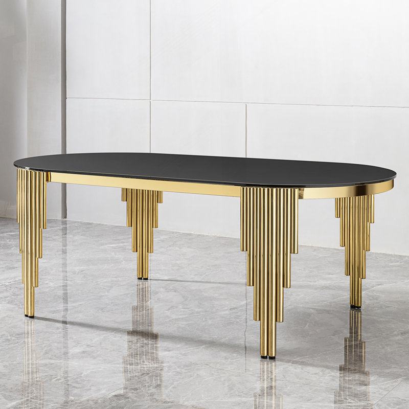 Table de salle à manger ovale avec plateau en verre et base en acier inoxydable