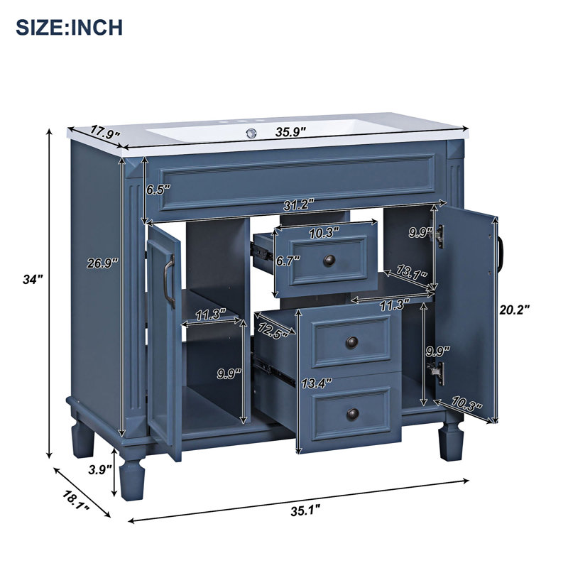 Deshonte Bathroom Vanity with Top Sink Modern Bathroom Storage Cabinet with 2 Doors and 2 Drawers, Blue